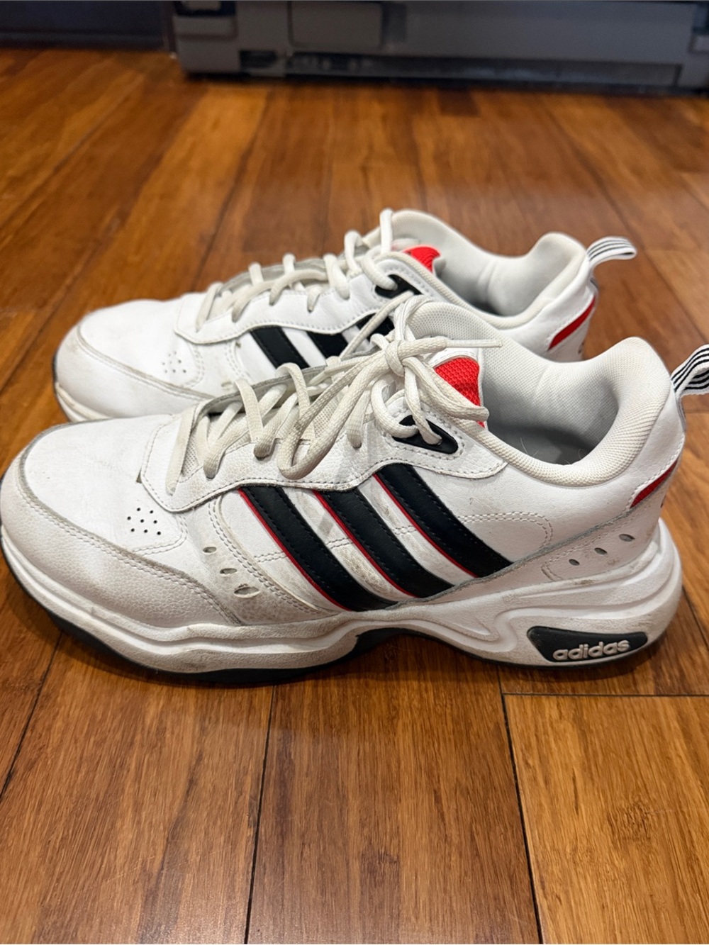 adidas Men’s White Sneakers with Black Stripes and Red Accents size 10 US